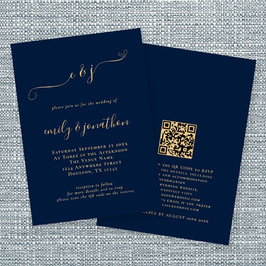 Elegante Script Initials Navy Gold QR Code Hochzei Einladung