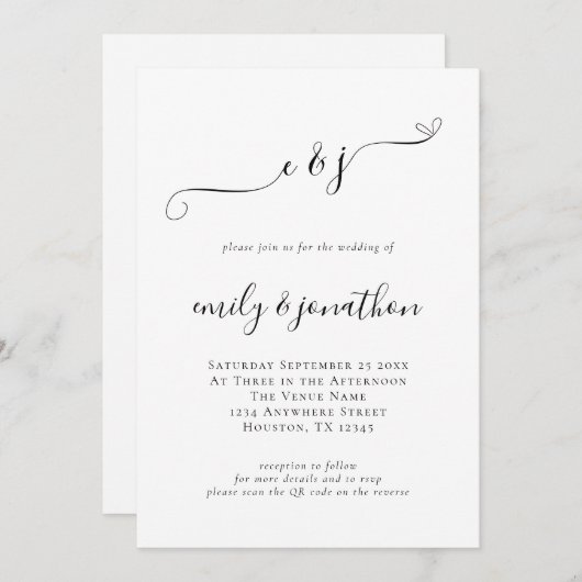 Elegante Script Initials QR Code Hochzeit Einladung (Vorne/Hinten)