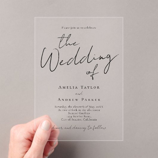 Elegante Script-Kalligrafie Einfache formale Hochz Acryleinladungen (Insitu (Handheld))