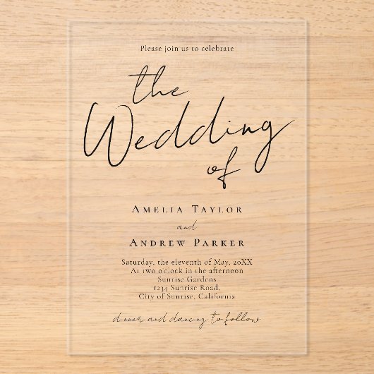 Elegante Script-Kalligrafie Einfache formale Hochz Acryleinladungen (Vorderseite)