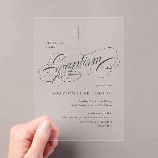Elegante Script-Kalligrafie neutrale Taufe Acryleinladungen (Insitu (Handheld))