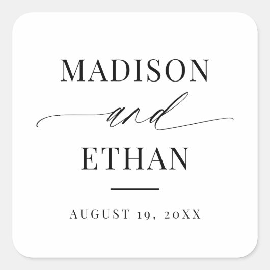Elegante Script-Kalligraphie-Gastgeschenk Hochzeit Quadratischer Aufkleber (Vorderseite)