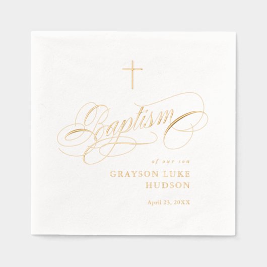 Elegante Script-Kalligraphie Gender Neutrale Taufe Servietten Mit Folie (Vorderseite)