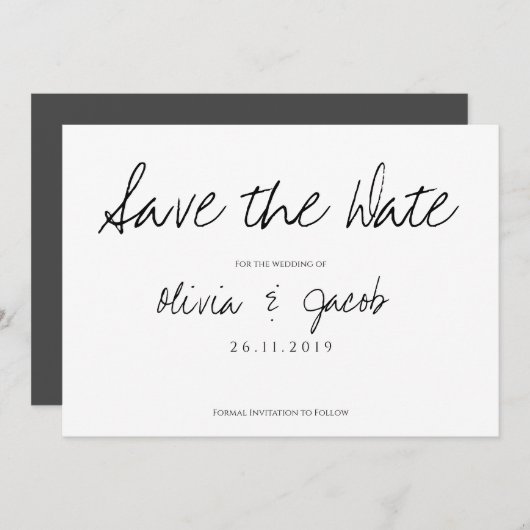 Elegante Script-Klasse Schwarz & Weiß Hochzeit Save The Date (Vorne/Hinten)