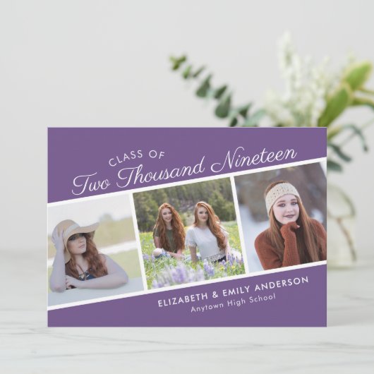 Elegante Script-Klasse von 2019 | 3 FOTO ABSCHLUSS Einladung (Stehend Vorderseite)