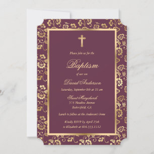 Elegante Script Lila und Gold Floral Girl Taufe Einladung