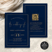 Elegante Script Line QR Code Navy Blue Gold Hochze Einladung