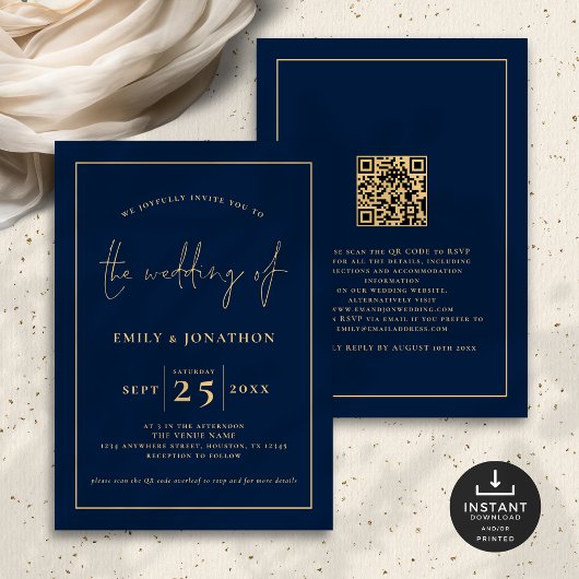 Elegante Script Line QR Code Navy Blue Gold Hochze Einladung