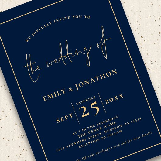 Elegante Script Line QR Code Navy Blue Gold Hochze Einladung