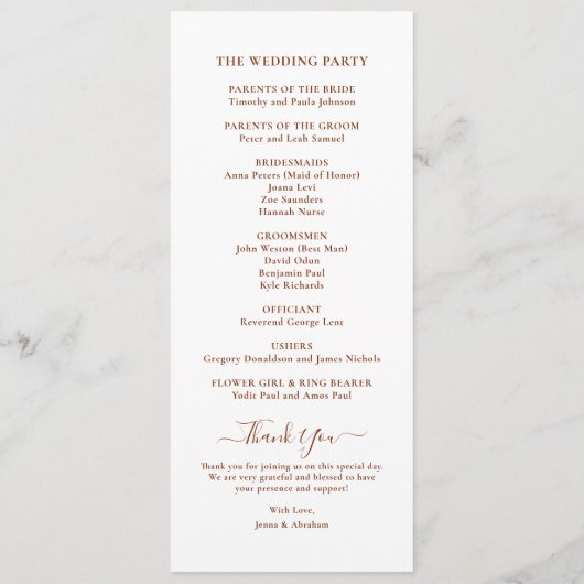 Elegante Script Minimal Wedding Programm (Rückseite)