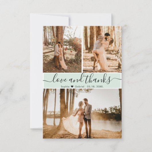 Elegante Script Mint Green Wedding 3 Foto Collage Dankeskarte (Vorderseite)