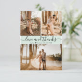 Elegante Script Mint Green Wedding 3 Foto Collage Dankeskarte (Stehend Vorderseite)