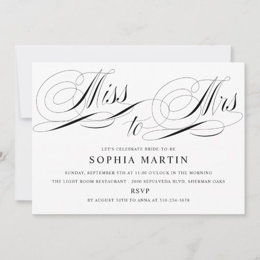Elegante Script Miss zu Mrs. Brautparty Einladung (Vorderseite)