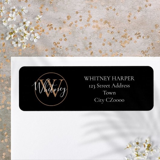 Elegante Script Monogram Black and Gold Address