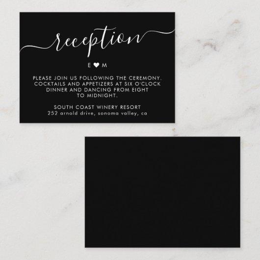 Elegante Script Monogram Black Wedding Reception Begleitkarte (Vorne/Hinten)