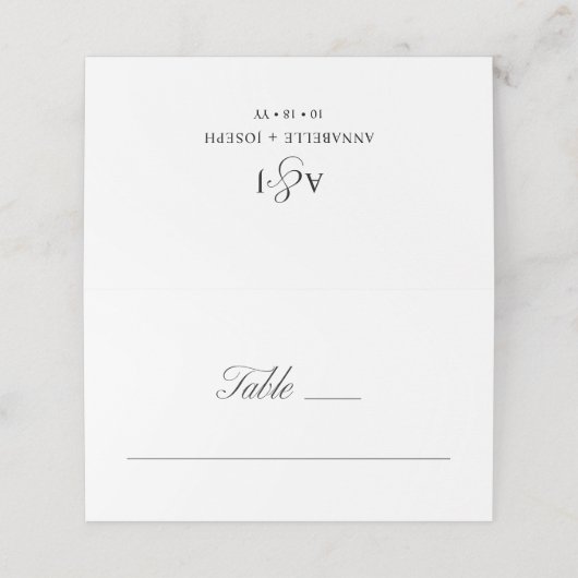 Elegante Script Monogram Formal White Wedding Platzkarte (Außenseite Aufgefaltet)