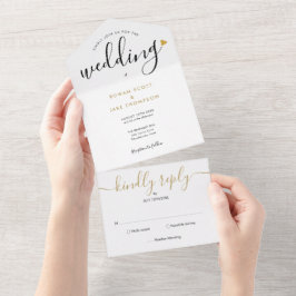 Elegante Script Monogram Gold Heart Wedding All In One Einladung
