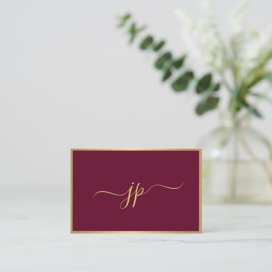 Elegante Script Monogram Initial Bordeaux Gold Eur Visitenkarte (Stehend Vorderseite)