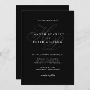 Elegante Script Monogram Initials Black Wedding Einladung