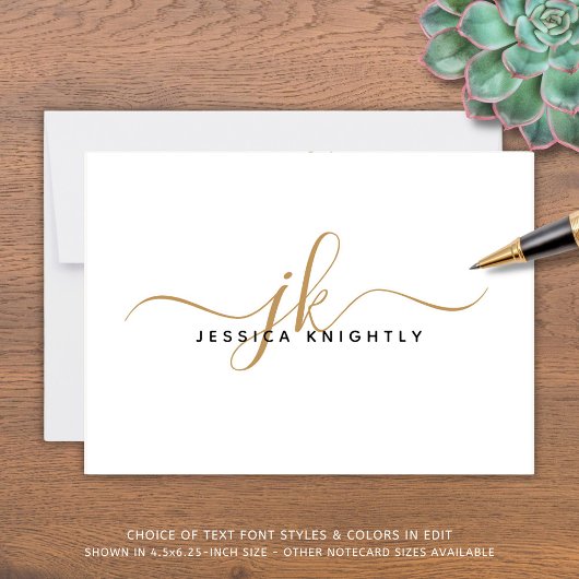 Elegante Script Monogram Initials Name White Gold Mitteilungskarte