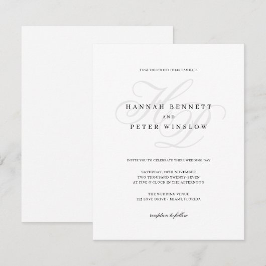 Elegante Script Monogram Initials White Wedding Einladung (Vorne/Hinten)