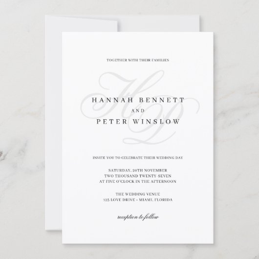 Elegante Script Monogram Initials White Wedding Einladung (Vorderseite)