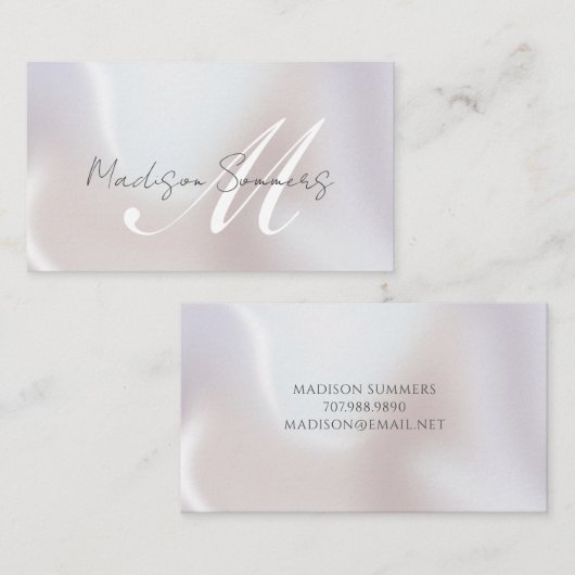 Elegante Script Monogram Iridescent Pearl Shimmer Telefonnummerkarte (Vorne/Hinten)