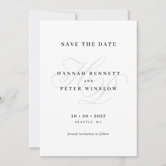 Elegante Script Monogram Minimal White Wedding Save The Date (Vorderseite)