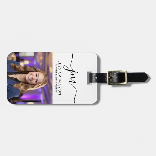 Elegante Script Monogram Personalisiert Foto Konta Gepäckanhänger (Vorderseite horizontal)