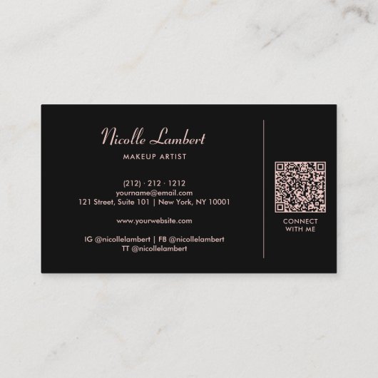 Elegante Script Monogram QR Code Rose Gold Black Visitenkarte (Rückseite)