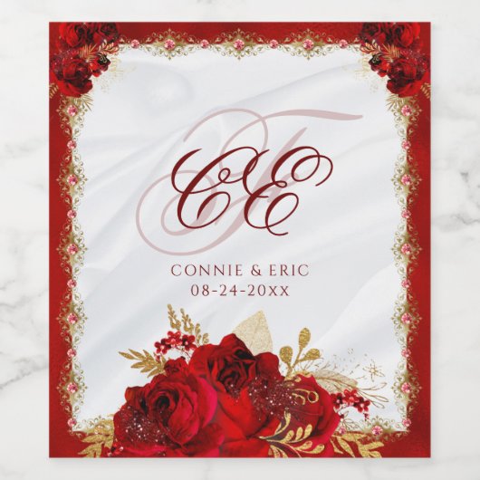 Elegante Script Monogram Red Floral Wedding Weinetikett (Einzelnes Label)