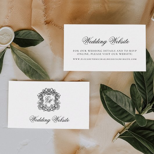 Elegante Script Monogram Wappen Wedding Website Begleitkarte