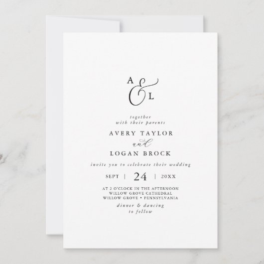 Elegante Script Monogram Wedding Einladung (Vorderseite)