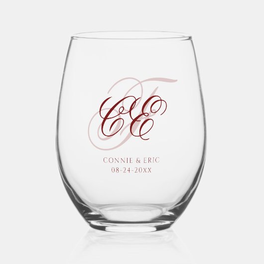 Elegante Script Monogram Wedding Weinglas Ohne Stiel (Vorderseite)