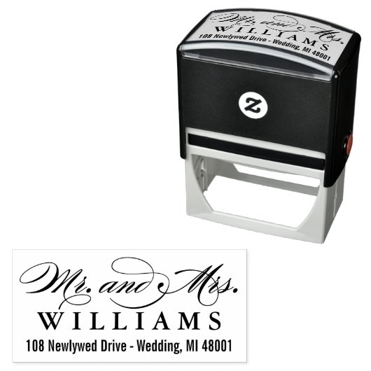 Elegante Script Mr. and Mrs. Wedding Rücksendeadre Permastempel (Beispiel)