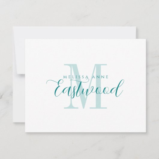 Elegante Script Name Aquamarin Monogram Flat Note Mitteilungskarte (Vorderseite)
