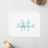 Elegante Script Name Aquamarin Monogram Flat Note Mitteilungskarte (Vorderseite/Rückseite Beispiel)