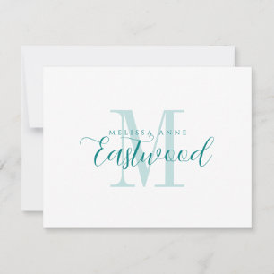 Elegante Script Name Aquamarin Monogram Flat Note Mitteilungskarte