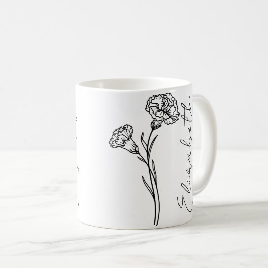 Elegante Script Name Carnation January Birth Blume Kaffeetasse (VorderseiteRechts)