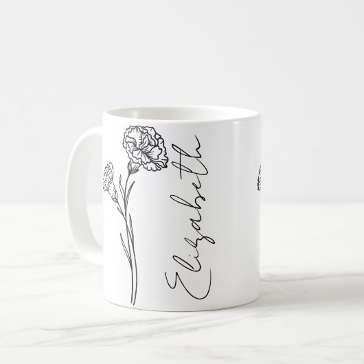Elegante Script Name Carnation January Birth Blume Kaffeetasse (Vorderseite Links)
