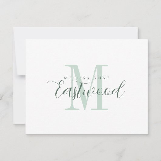 Elegante Script Name Green Monogram Flat Note Card Mitteilungskarte (Vorderseite)