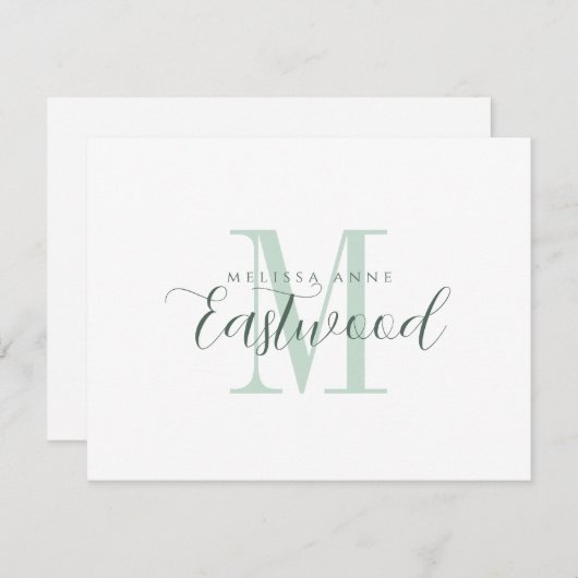 Elegante Script Name Green Monogram Flat Note Card Mitteilungskarte (Vorne/Hinten)