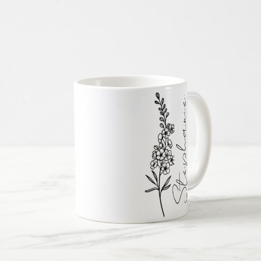 Elegante Script Name Larkspur July Birth Blume Kaffeetasse (VorderseiteRechts)