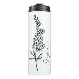 Elegante Script Name Larkspur July Birth Blume Thermosbecher
