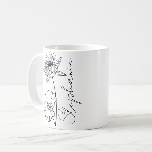 Elegante Script Name Lotus July Birth Month Blume Kaffeetasse (Vorderseite Links)