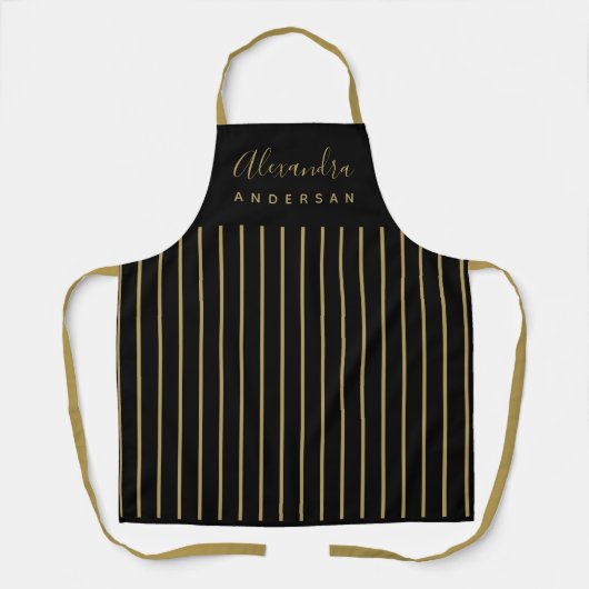 Elegante Script Name Monogram Black Gold Stripes Schürze (Vorderseite)