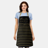 Elegante Script Name Monogram Black Gold Stripes Schürze (Getragen)
