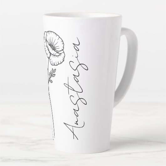 Elegante Script Name Poppy August Birth Blume Milchtasse (Rechte Ecke)