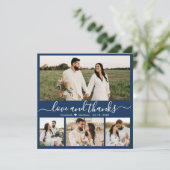 Elegante Script Navy 4 Foto Collage Wedding Dankeskarte (Stehend Vorderseite)