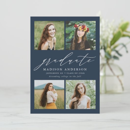 Elegante Script Navy 4 Foto Graduation Party Einladung (Stehend Vorderseite)